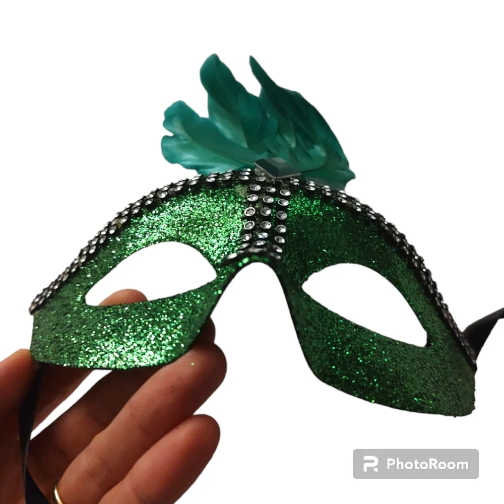 Emerald Green Masquerade Mask Rhinestone and Feather Peacock Style Venetian Gala